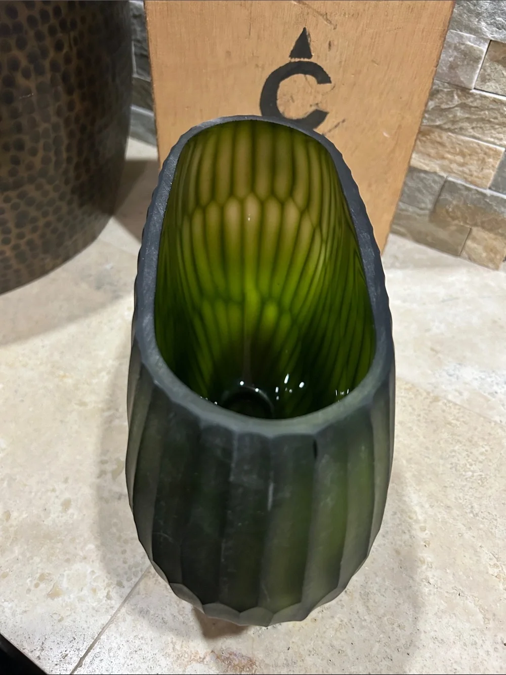 Reptilia frosted olive-green ribbed glass vase